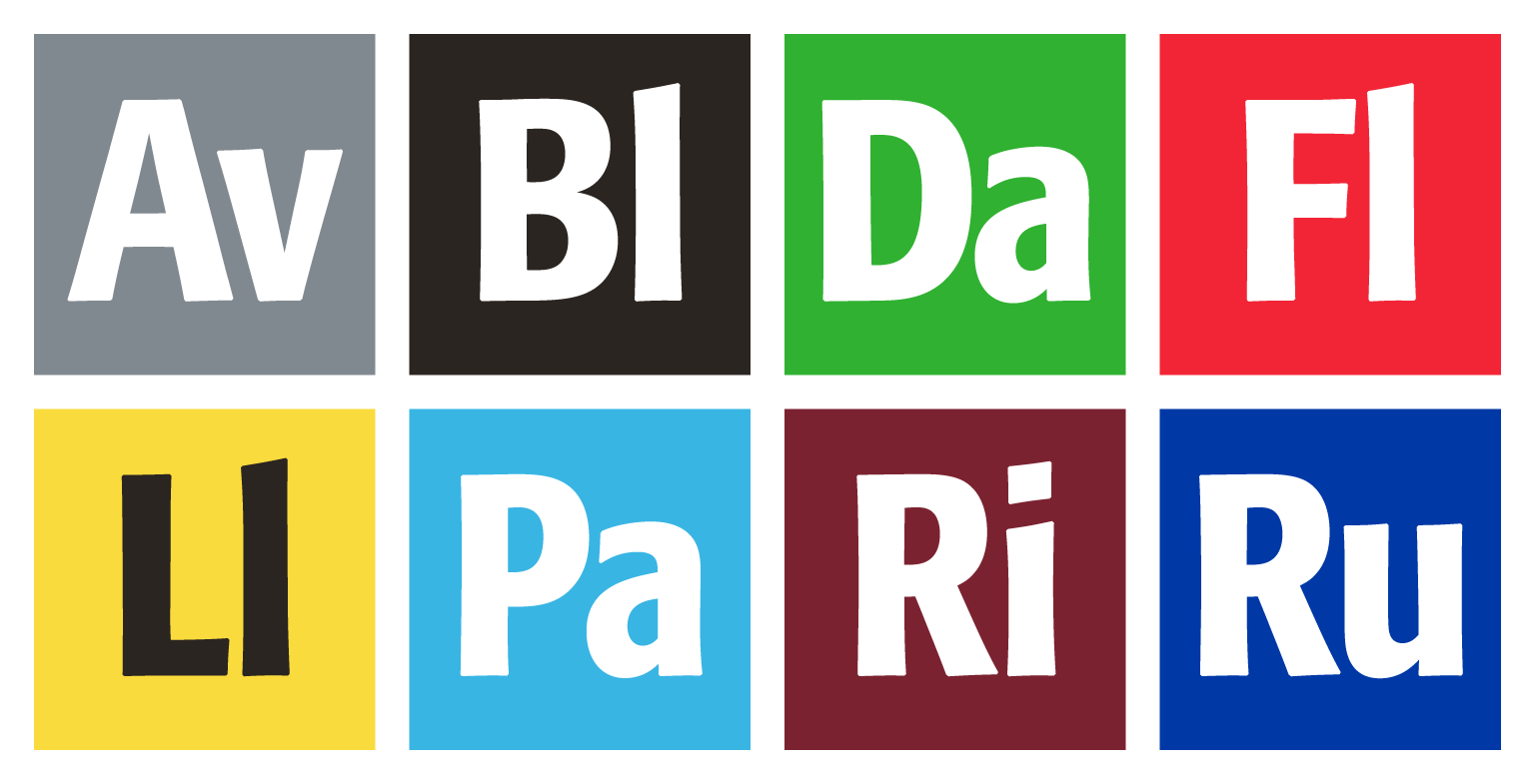 Graphic: The Elemental icon designs for the eight undergraduate houses in 1996. Each icon comprises of a two-letter abbreviation imposed on a coloured square. The colours match those used by each house. Colour legend: Avery House (Av) = white and grey; Blacker Hovse (Bl) = black; Dabney Hovse (Da) = green; Fleming Hovse (Fl) = red; Lloyd House (Ll) = yellow; Page House (Pa) = turquoise; Ricketts Hovse (Ri) = maroon; Ruddock House (Ru) = blue.