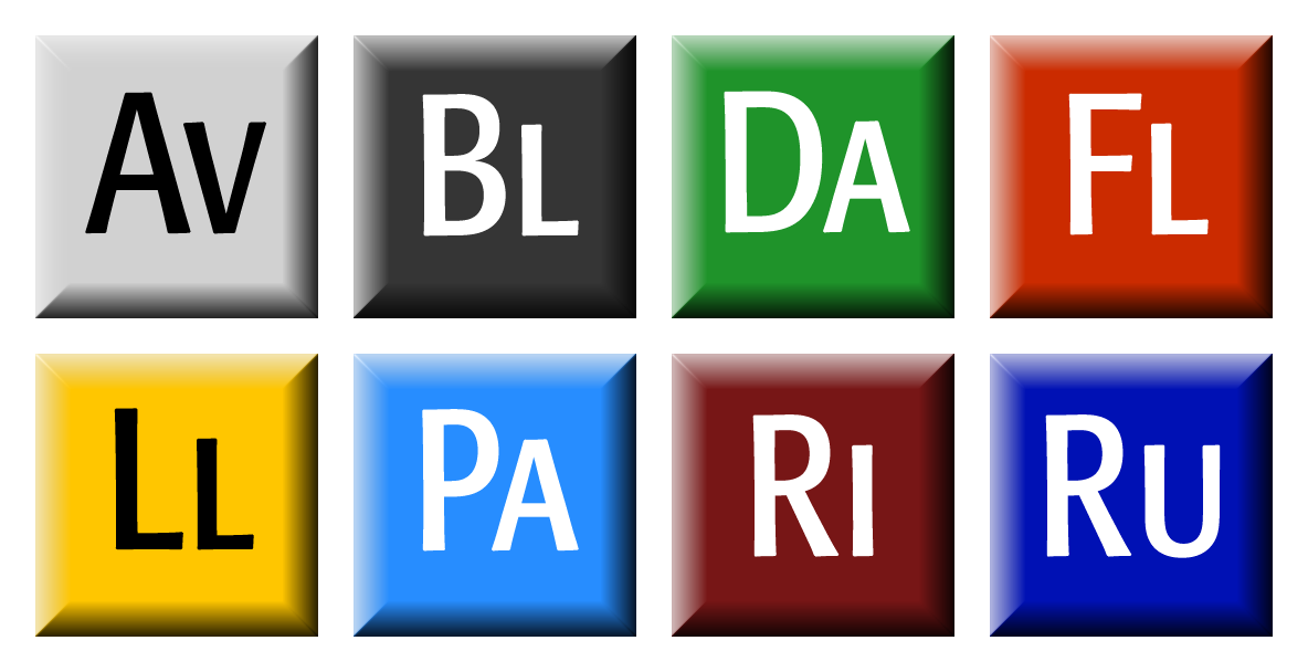 Graphic: A revised version of the Elemental icon design for the eight undergraduate houses from 1998. The colours match those used by each house. Each icon comprises of a two-letter abbreviation imposed on a coloured square with a three-dimensionally bevel. The colours match those used by each house. Colour legend: Avery House (Av) = white and grey; Blacker Hovse (Bl) = black; Dabney Hovse (Da) = green; Fleming Hovse (Fl) = red; Lloyd House (Ll) = yellow; Page House (Pa) = turquoise; Ricketts Hovse (Ri) = maroon; Ruddock House (Ru) = blue.