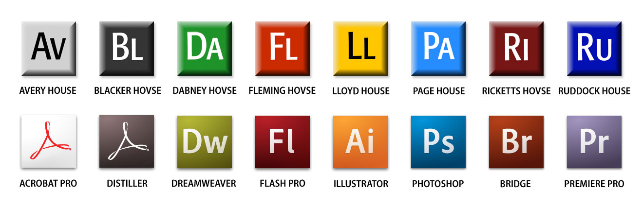 Graphic: A comparison of my 1998 Elemental icons against Adobe’s Mnemonic icons designed for various Creative Suite 3 applications. Eight of my 1998 Elemental icons are arranged in the first row: Avery House (Av) = white and grey; Blacker Hovse (Bl) = black; Dabney Hovse (Da) = green; Fleming Hovse (Fl) = red; Lloyd House (Ll) = yellow; Page House (Pa) = turquoise; Ricketts Hovse (Ri) = maroon; Ruddock House (Ru) = blue. Eight of the 2007 Adobe Creative Suite 3 Mnemonic icons are arranged in the second row: Acrobat Pro (triangular ribbon) = white; Acrobat Distiller (triangular ribbon) = black; Dreamweaver (Dw) = green; Flash Pro (Fl) = red; Illustrator (Ai) = gold; Photoshop (Ps) = cyan; Bridge (Br) = reddish-brown; Premiere Pro (Pr) = indigo.