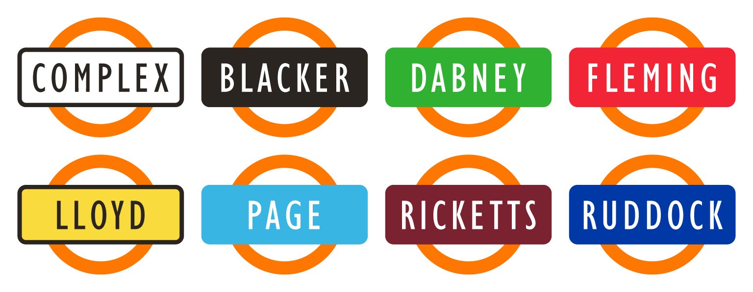 Graphic: Caltech Complex sign designs for the seven undergraduate houses in 1995. The colours match those used by each house; the orange circle represents the university’s official colour. Colour legend: Caltech = orange; Blacker Hovse = black; Dabney Hovse = green; Fleming Hovse = red; Lloyd House = yellow; Page House = turquoise; Ricketts Hovse = maroon; Ruddock House = blue.