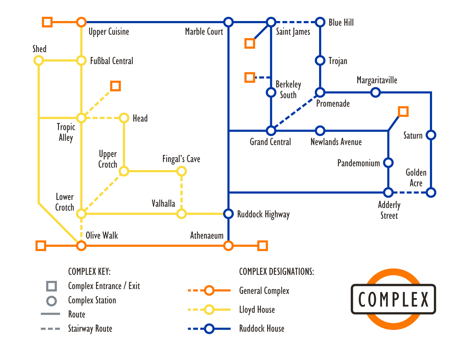 Graphic: An late-1995 version of the Caltech Complex map, displaying an abstract geography of Lloyd House (yellow) on the left and Ruddock House (blue) on the right.