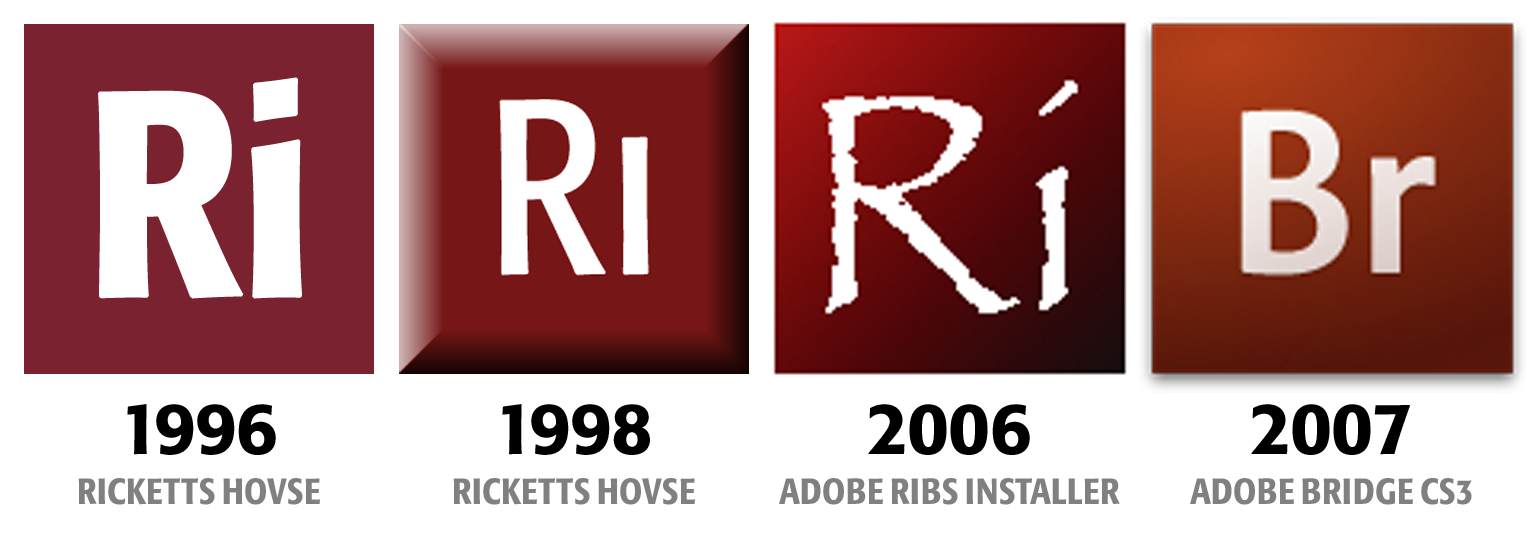 Graphic: Comparison of my Elemental icon designs for Ricketts Hovse in 1996 and 1998 to the 2006 Adobe RIBS installer icon. Also included for context is the Adobe Bridge CS3 application icon from 2007. The three icons on the left are each maroon squares imposed with the letters ‘Ri’ in white. The Bridge icon on the right is a reddish-brown square imposed with the letters ‘Br’ in white.