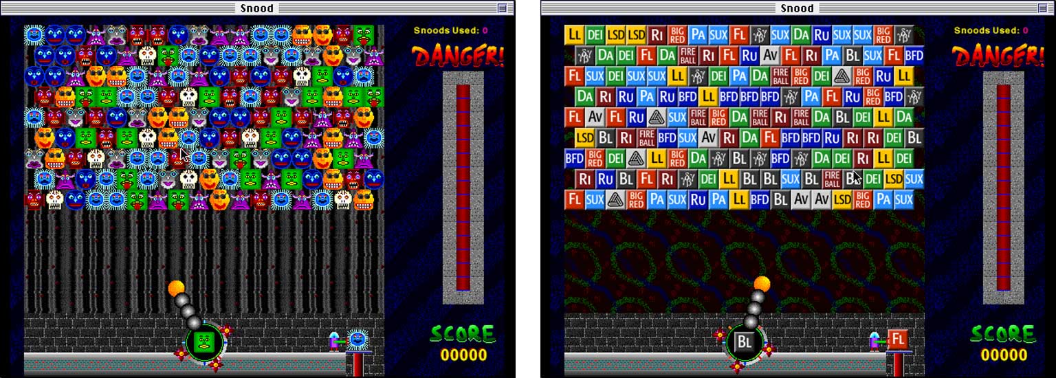 Graphic: Two screenshots taken of a Snood game in progress running on Macintosh System 7.5 from late 1998. On the left is a screenshot of the official version of Snood with its original graphics; on the right is a screenshot of the modified Caltech version of Snood displaying graphics based upon the 1998 versions of the Elemental icons of each of the eight undergraduate Hovses.