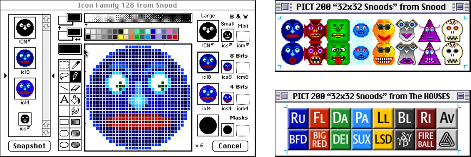 Graphic: On the left is a screenshot illustrating how a resource editor can be used to alter the user interface of a Macintosh application. On the right is a comparison of the regular Snood characters (above) and their Caltech Elemental icon replacements (below).