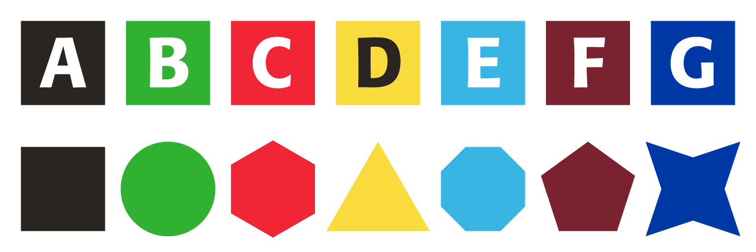Graphic: Two examples of two-variable designs. The seven shapes in both rows differ in colour: black, green, red, yellow, turquoise, maroon and blue. The first row contains seven indentical coloured squares, that also have a single capital letter (A to G) imposed on each square. The second row of coloured object, also differ in shape: square, circle, hexagon, triangle, octagon, pentagon and four-pointed star.
