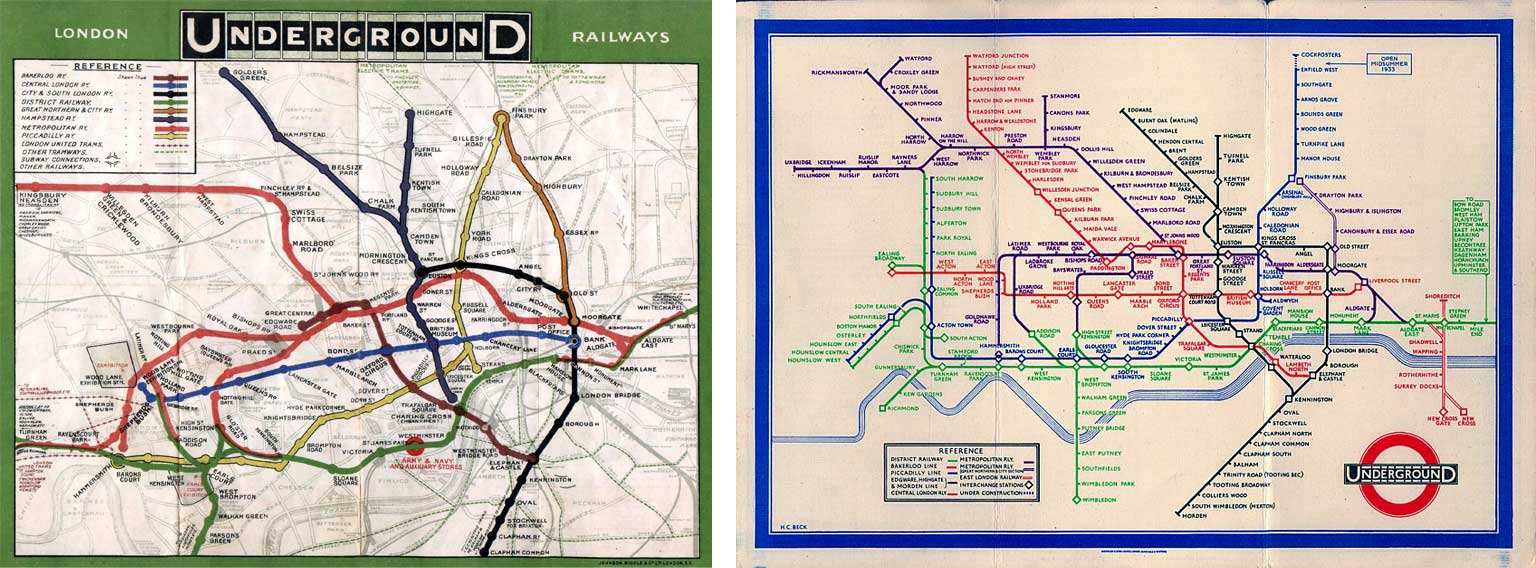 Graphic: On the left is a 1908 map of the London Underground showing a geographical layout of the system’s stations. On the right is a 1931 abstract map of the London Underground by Harry Beck that concentrates instead on how each station links to the others.