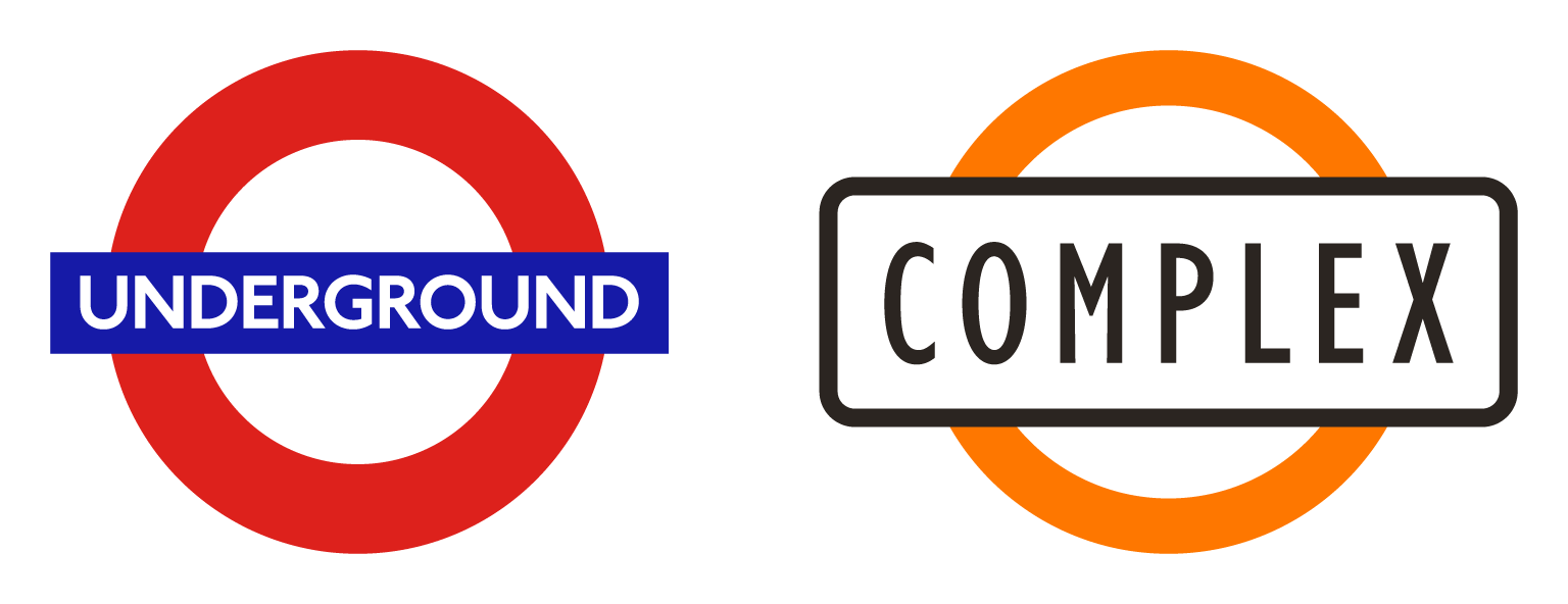 Graphic: On the left is the official London Underground sign: a red ring intersected by a blue bar with white text reading ‘Underground’. On the left is my design for the Caltech Complex sign: an orange ring intersected by an outlined white box with black text reading ‘Complex’.